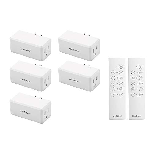 Link2Home Wireless Remote Control Outlet Light Switch, 100 ft range, Unlimited Connections. Compact Side Plug. Switch ON/OFF Household Appliances. FCC CSA Certified, White (5 Outlets, 2 Remotes).