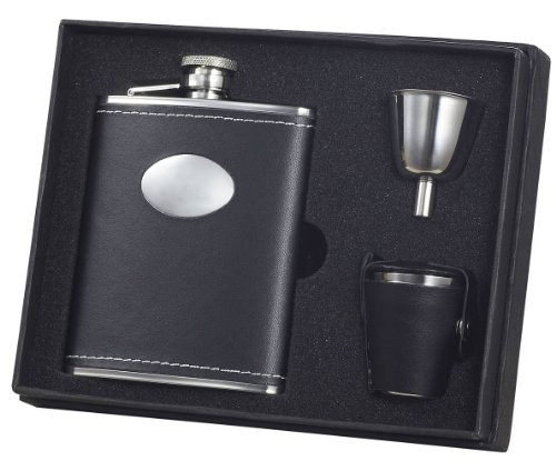 Visol "Eclipse" Leather Flask Gift Set, 6-Ounce, Black