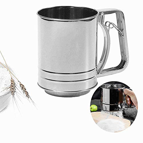 Stainless Steel Baking Sieve Cup for Powdered Sugar,Hand Squeezing Flour Screen - Stainless Steel Handle Screen Tool Cup (3 Cup, 550ml)