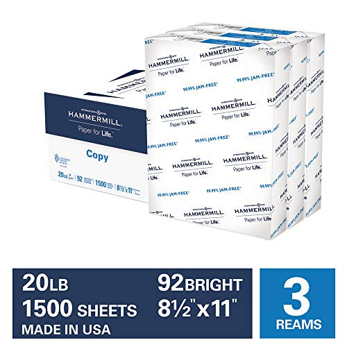 Hammermill 20lb Copy Paper, 8.5 x 11, 3 Ream Case, 1,500 Sheets, Made in USA, Sustainably Sourced From American Family Tree Farms, 92 Bright, Acid Free, Economical Multipurpose Printer Paper, 113620C