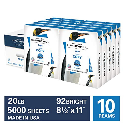 Hammermill 20lb Copy Paper, 8.5 x 11, 10 Ream Case, 5000 Sheets, Made in USA, Sustainably Sourced From American Family Tree Farms, 92 Bright, Acid Free, Economical Multipurpose Printer Paper, 150010C