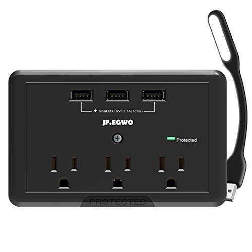 Quick Charger 3 USB 3 Outlets Multi Plug Wall Outlet, 15A 1700 Joules Surge Protector USB Black Wall Adapter, by Jf.egwo