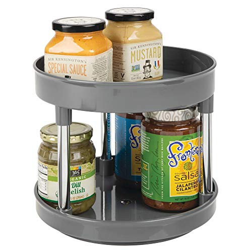 mDesign 2 Tier Lazy Susan Turntable Food Storage Container for Cabinets, Pantry, Fridge, Countertops - Spinning Organizer for Spices, Condiments - 9" Round - White/Chrome