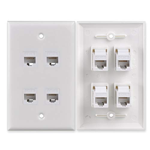 Conwork 4-Port CAT 6 Ethernet Wall Plate, RJ45 Ethernet Keystone Inserts Jack Network Wall Plate Panel - Cat6/5/5e Compatible (1-Pack)