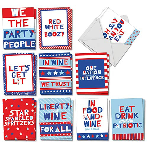 The Best Card Company One Nation - 20 Assorted Boxed Invitation Note Cards with Envelopes (4 x 5.12 Inch) - Patriotic Drinking AM3187ING-B2x10