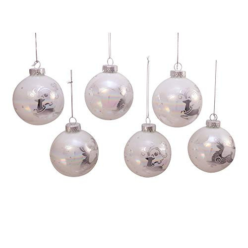 Kurt Adler Kurt S. Adler 80MM Iridescent with Silver Reindeer Glass Ball, 6 Piece Box Ornament, White