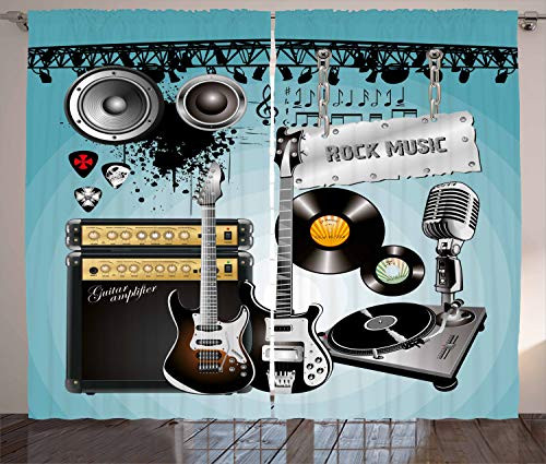 Ambesonne Rock Music Curtains, Concert Pattern Guitars and Records with Giant Speakers Ornamental Arrangement, Living Room Bedroom Window Drapes 2 Panel Set, 108" X 63", Grey