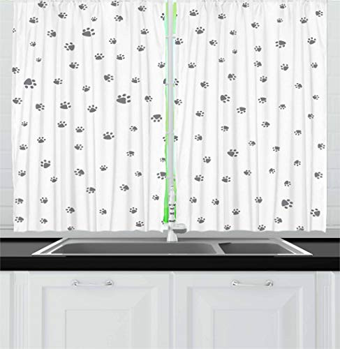 Ambesonne Dog Lover Kitchen Curtains, Foot Prints of an Animal Pet Canine Marks Abstract Nature Themed Illustration, Window Drapes 2 Panel Set for Kitchen Cafe Decor, 55" X 39", Grey White