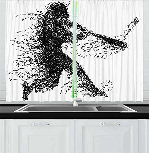 Ambesonne Black and White Kitchen Curtains, Abstract Illustration of a Baseball Player Posing Grunge, Window Drapes 2 Panel Set for Kitchen Cafe Decor, 55" X 39", Charcoal Grey White