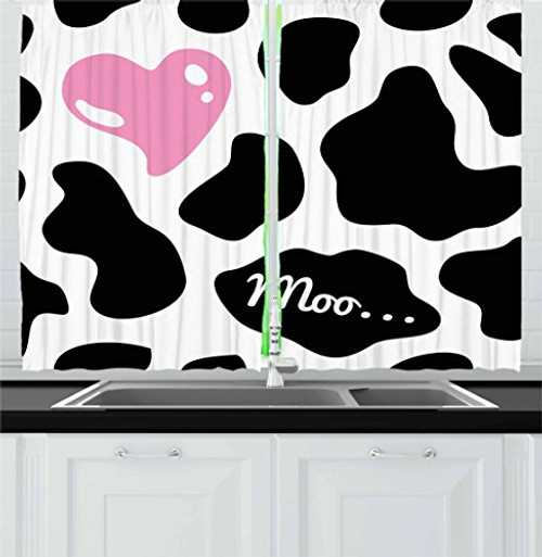 Ambesonne Cow Print Kitchen Curtains, Camouflage Hide Pattern in Black and White with Pink Heart Shape Moo, Window Drapes 2 Panel Set for Kitchen Cafe Decor, 55" X 39", Pink Black White