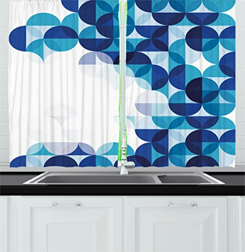 Ambesonne Abstract Kitchen Curtains, Modern Geometrical Circled Pattern with White Background Artwork, Window Drapes 2 Panel Set for Kitchen Cafe Decor, 55" X 39", Dark Blue White and Blue