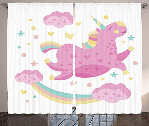 Ambesonne Unicorn Curtains, Smiley Unicorn with Star Rainbow Funny Cartoon Kids Room Nursery, Living Room Bedroom Window Drapes 2 Panel Set, 108" X 84", Yellow Pink