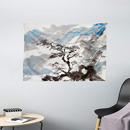 Ambesonne Japanese Tapestry, Hazy Depiction of Pine Tree Landscape on Hill Mountain with Rough Blasts, Wide Wall Hanging for Bedroom Living Room Dorm, 60" X 40", Blue Grey