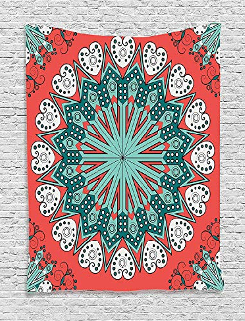 Ambesonne Classic Tapestry, Flowers Leaves Sun Sunshine Shapes Nature Inspired Illustration Print, Wall Hanging for Bedroom Living Room Dorm Decor, 40" X 60", Turquoise White
