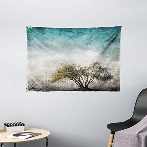 Ambesonne Tree of Life Tapestry, Grunge Landscape with Single Tree and Retro Background Rustic Print, Wide Wall Hanging for Bedroom Living Room Dorm, 60" X 40", Beige Green