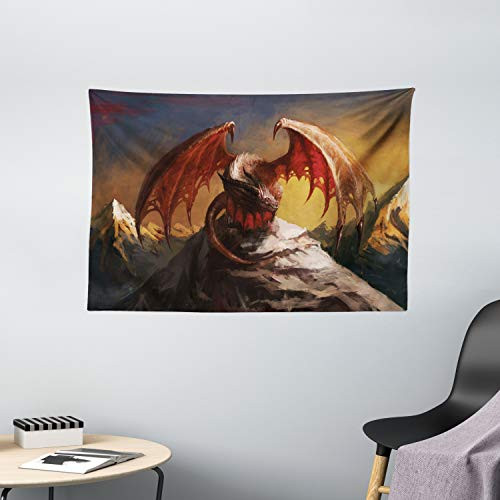 Ambesonne Dragon Tapestry, Malicious Dragon on Mountain Peaks Reflecting His Next Move Oriental Beast, Wide Wall Hanging for Bedroom Living Room Dorm, 60" X 40", Pastel Red