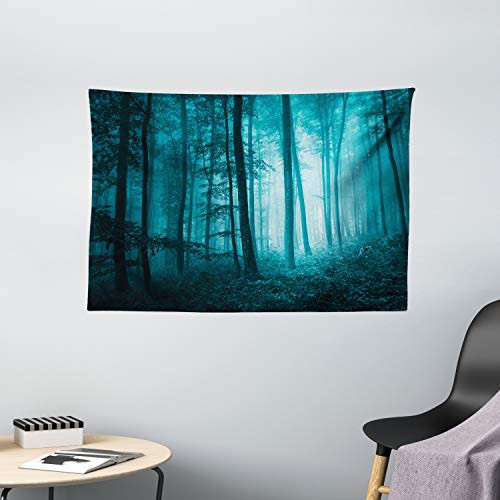 Ambesonne Mystic Tapestry, Magic Foggy Dark Forest Foliage Landscape Countryside Monochromic Art Print, Wide Wall Hanging for Bedroom Living Room Dorm, 60" X 40", Teal Blue Ambesonne Mystic Tapestry, Magic Foggy Dark Forest Foliage Landscape Countryside Monochromic Art Print, Wide Wall Hanging for Bedroom Living Room Dorm, 60" X 40", Teal Blue
