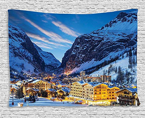 Ambesonne Mountain Tapestry, Evening Landscape of a Mountain in Winter Season Pine Trees Streetlight Pattern, Wide Wall Hanging for Bedroom Living Room Dorm, 60" X 40", Azure Blue