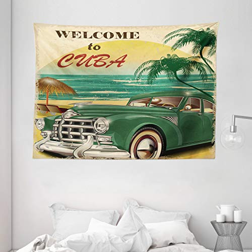 Ambesonne Retro Tapestry, Nostalgic Welcome to Cuba Print with Classic Car Beach Ocean Palm Trees, Wide Wall Hanging for Bedroom Living Room Dorm, 80" X 60", Green Cream