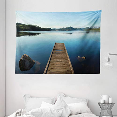 Ambesonne Landscape Tapestry, Wood Deck on Calm Canadian Lake with Rocks and Mountain Landscape Nature Print, Wide Wall Hanging for Bedroom Living Room Dorm, 80" X 60", Brown Blue
