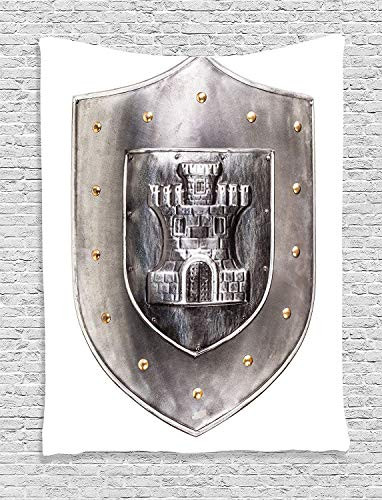 Ambesonne Medieval Tapestry, Old Medieval Iron Shield Middle Age Heraldic Elements Vintage Illustration, Wall Hanging for Bedroom Living Room Dorm Decor, 40" X 60", Grey White