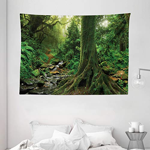 Ambesonne Forest Tapestry, Rain Forest Scenery with River in The North Forest in The Early Morning Humid Fog Print, Wide Wall Hanging for Bedroom Living Room Dorm, 80" X 60", Forest Green