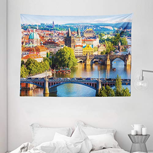 Ambesonne Wanderlust Tapestry, Scenic Summer Old Town Charles Bridge Over Vltava River in Prague Czech Republic, Wide Wall Hanging for Bedroom Living Room Dorm, 80" X 60", Blue Green