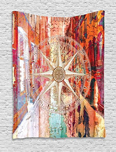 Ambesonne Marine Life Tapestry, European Venice City Blurry Abstract Backdrop with Navy Sea Compass Art Print, Wall Hanging for Bedroom Living Room Dorm, 60" X 80", Coral Beige