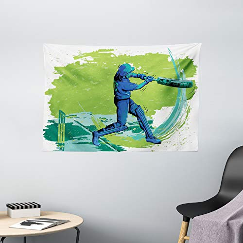 Ambesonne Sports Tapestry, Cricket Player Pitching Win Game Champion Team Paintbrush Effect, Wide Wall Hanging for Bedroom Living Room Dorm, 60" X 40", Blue Turquoise