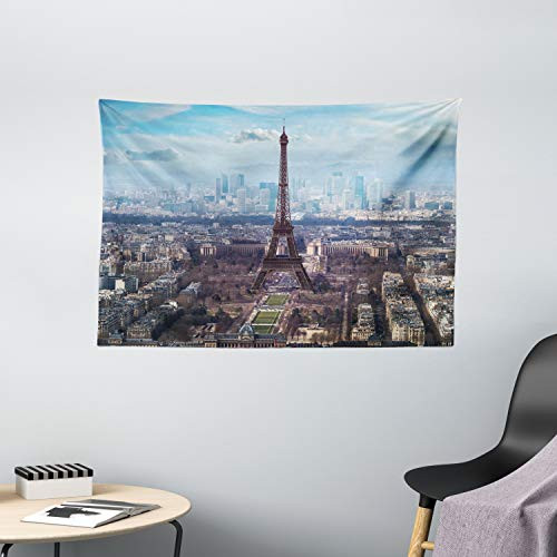 Ambesonne Eiffel Tower Tapestry, Aerial View of Eiffel Tower Clear Day Boulevard Busy Town Park Skyscrape, Wide Wall Hanging for Bedroom Living Room Dorm, 60" X 40", Blue Brown