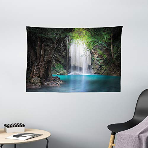 Ambesonne Nature Tapestry, Surreal Scene Deep Down in Rainforest with Waterfall Idyllic Image, Wide Wall Hanging for Bedroom Living Room Dorm, 60" X 40", Fern Green