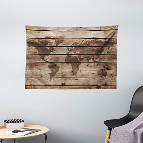 Ambesonne Rustic World Map Tapestry, World Atlas Reflection on Horizontal Oak Trees with Lines Region Space Theme, Wide Wall Hanging for Bedroom Living Room Dorm, 60" X 40", Pale Caramel