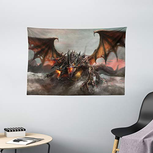 Ambesonne Fantasy World Tapestry, Illustration of 3 Headed Fire Breathing Dragon Large Monster Gothic Theme, Wide Wall Hanging for Bedroom Living Room Dorm, 60" X 40", Brown Grey