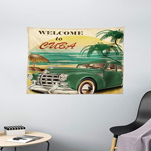 Ambesonne Retro Tapestry, Nostalgic Welcome to Cuba Print with Classic Car Beach Ocean Palm Trees, Wide Wall Hanging for Bedroom Living Room Dorm, 60" X 40", Green Cream