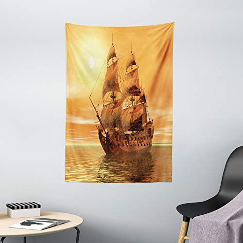 Ambesonne Vintage Tapestry, Ocean Sealife Wavy Pirate Ship Sailing in a Glass Water Image, Wall Hanging for Bedroom Living Room Dorm Decor, 40" X 60", Yellow Marigold