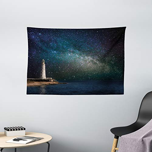 Ambesonne Night Sky Tapestry, Ocean Sea Scenery Lighthouse Romantic Nebula Cosmos Big Stars View Image, Wide Wall Hanging for Bedroom Living Room Dorm, 60" X 40", Dark Blue and White