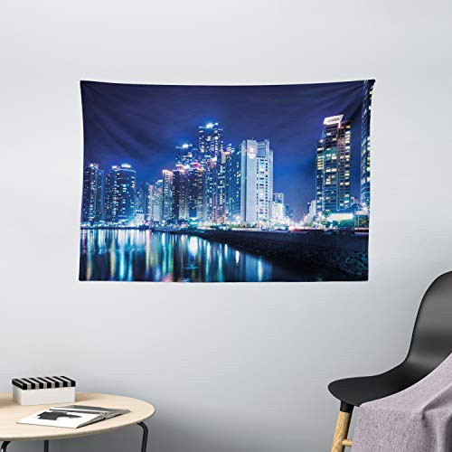 Ambesonne Urban Tapestry, Busan City Skyline Night Korean Landscape Buildings Skyscrapers View Modern Life, Wide Wall Hanging for Bedroom Living Room Dorm, 60" X 40", Navy Blue White