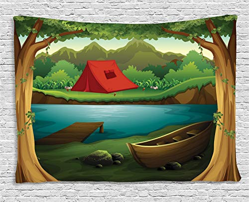 Lunarable Camping Tapestry, Idyllic Nature Scene of a Deep Forest with Lake and Mountains Cartoon Woodland, Wide Wall Hanging for Bedroom Living Room Dorm, 60" X 40", Brown Green