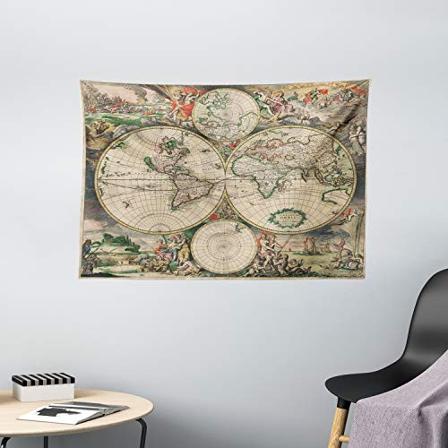 Ambesonne Vintage Tapestry, Antique Old Aged Map of The World Historical Geography Theme Retro Design, Wide Wall Hanging for Bedroom Living Room Dorm, 60" X 40", Soft Beige