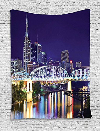 Apartment Decor Tapestry by Ambesonne, Skyline of Downtown Nashville Tennessee Reflection Travel Destination Image, Wall Hanging for Bedroom Living Room Dorm, 40 X 60 Inches, Purple Green