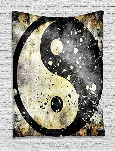 Ambesonne Ying Yang Tapestry, Grunge Style with Paint Splash Effect Industrial Design Eastern Duality, Wall Hanging for Bedroom Living Room Dorm Decor, 40" X 60", Beige Black