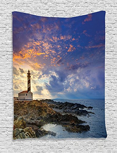 Ambesonne Lighthouse Tapestry, Cap de Favaritx Sunset Lighthouse Cape in Mahon at Balearic Islands Spain Coast, Wall Hanging for Bedroom Living Room Dorm Decor, 40" X 60", Blue Brown