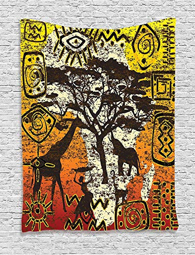 Ambesonne African Tapestry, Animals Safari Theme Cultural Art Grunge Bohemian, Wall Hanging for Bedroom Living Room Dorm, 60" X 80", Orange Yellow