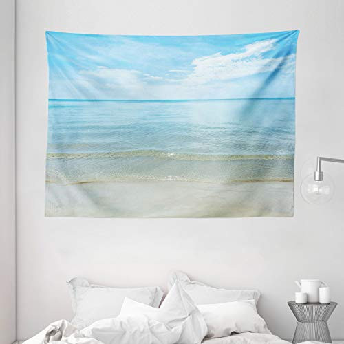 Ambesonne Ocean Tapestry, Sunny Summer Day at The Sandy Beach Tranquil Calm Shore Sea Horizon Image Artprint, Wide Wall Hanging for Bedroom Living Room Dorm, 80" X 60", Blue Cream