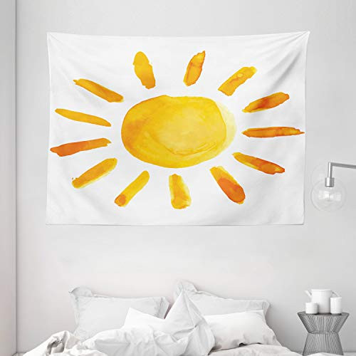 Ambesonne Grunge Tapestry, Sun Illustration Childish Watercolor Brush Painting Style Kids Nursery Playroom Picture, Wide Wall Hanging for Bedroom Living Room Dorm, 80" X 60", Yellow White