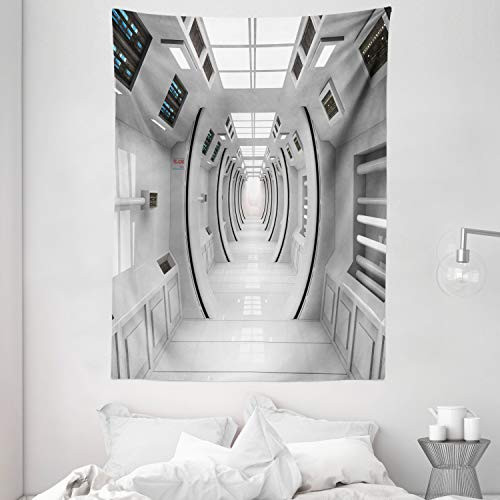 Ambesonne Outer Space Tapestry, Cyber Tech Design with Effects Science Fiction Element Featured Station, Wall Hanging for Bedroom Living Room Dorm, 60" X 80", White