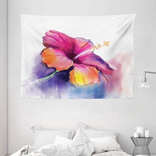 Ambesonne Flower Tapestry, Hibiscus Flower in Pastel Abstract Colorful Romantic Petal Pattern Artwork Print, Wide Wall Hanging for Bedroom Living Room Dorm, 80" X 60", Pink Tones