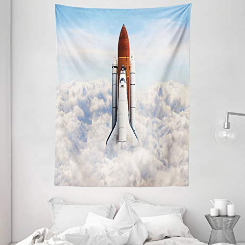 Ambesonne Outer Space Tapestry, Rocket Taking Off on Mission Spaceman Planet Gazing Endeavour Power Print, Wall Hanging for Bedroom Living Room Dorm Decor, 60" X 80", White Blue Brown
