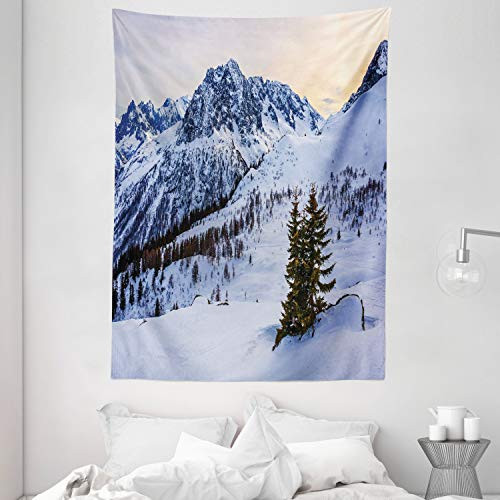 Ambesonne Mountain Tapestry, Landscape of Snowy Mountain at Sunset Pine Trees Tranquility in Winter Theme, Wall Hanging for Bedroom Living Room Dorm, 60" X 80", White Green