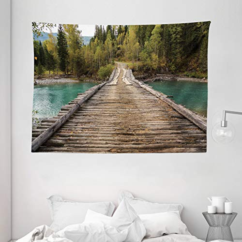 Ambesonne Landscape Tapestry, Old Wood Bridge Over River Belaya Berel and Evergreen Forest Eastern Kazakhstan, Wide Wall Hanging for Bedroom Living Room Dorm, 80" X 60", Brown Green
